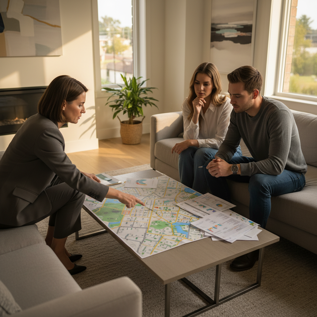Realtor meeting with clients reviewing VIP real estate market report pages and neighborhood map in a bright living room