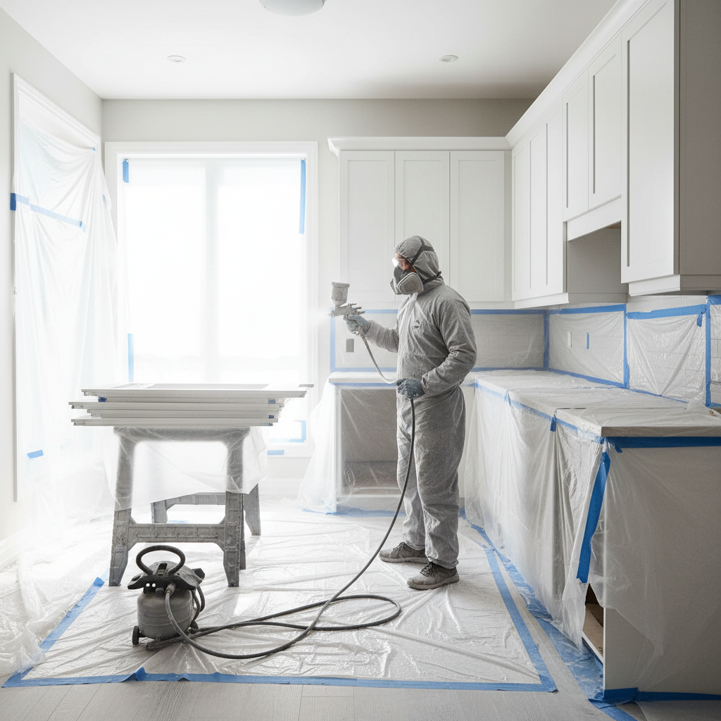 Professional spraying of kitchen cabinets with HVLP sprayer for a factory-grade finish in a modern Toronto home