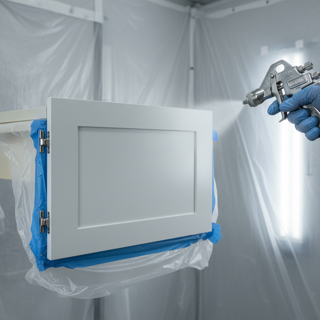 Close-up of HVLP cabinet spray painting with smooth satin finish and masked hardware in a Toronto home