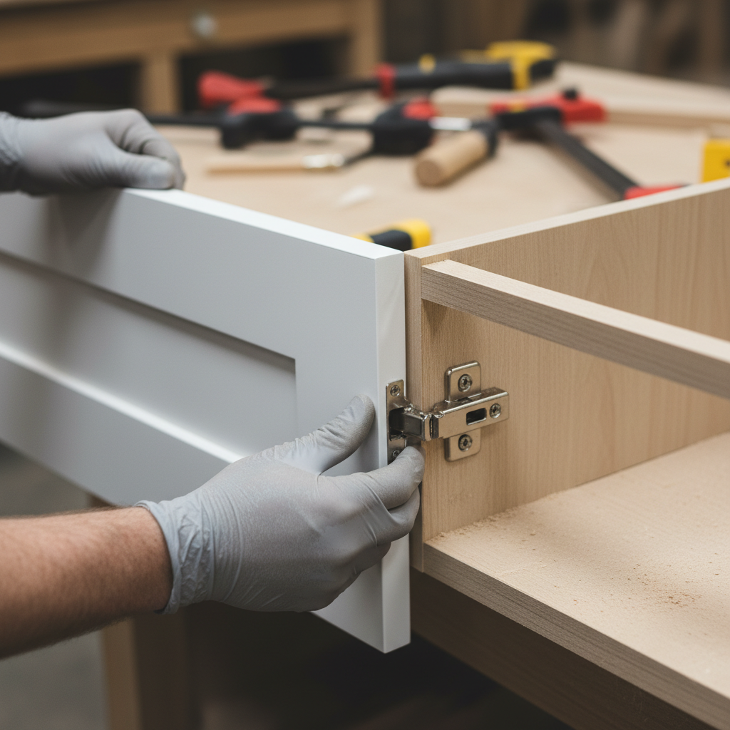 Close-up refacing detail: aligning new Shaker door and soft-close hinge during cabinet refacing process in a Toronto kitchen