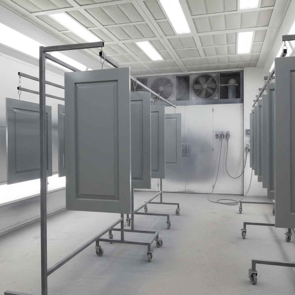 Professional spray booth with multiple cabinet doors curing to a satin finish—controlled environment for durable cabinet refacing results