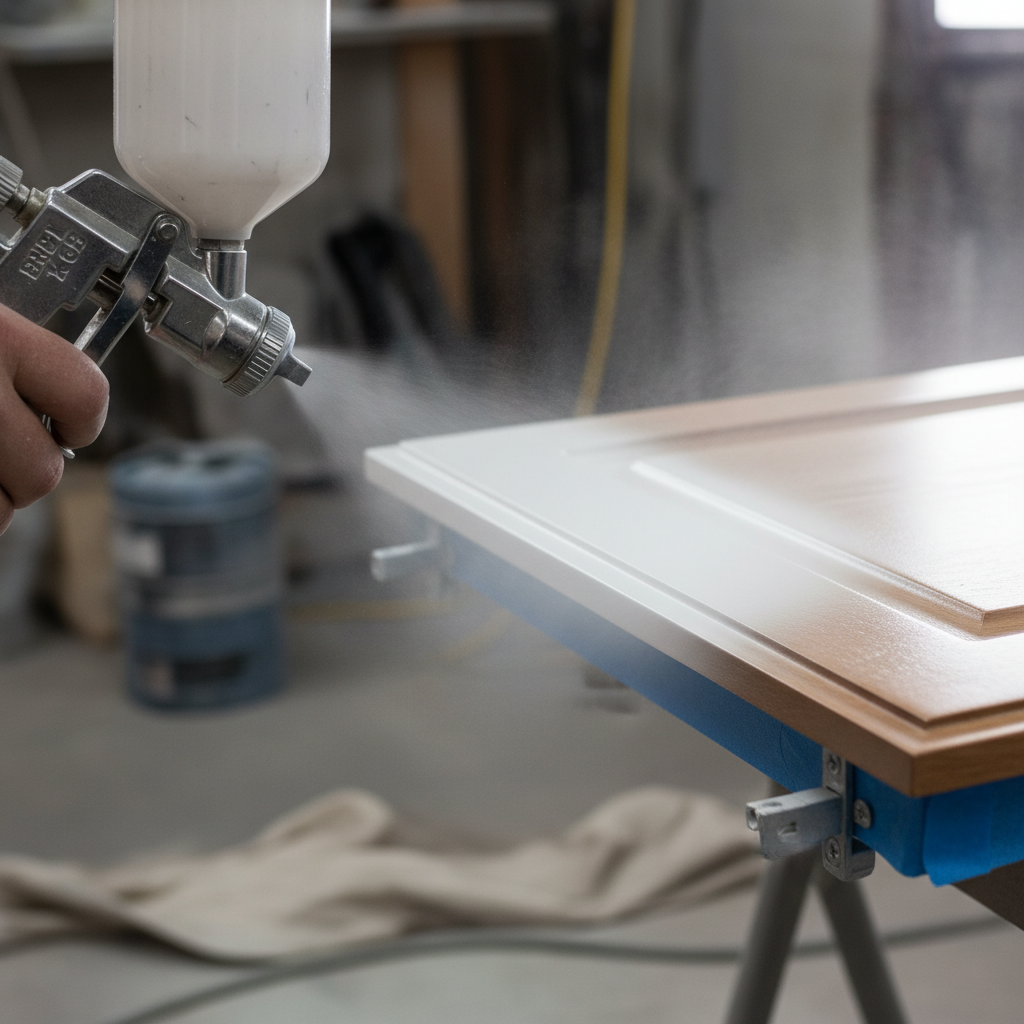 HVLP spray painting a cabinet door for professional kitchen cabinet painting with a smooth satin finish
