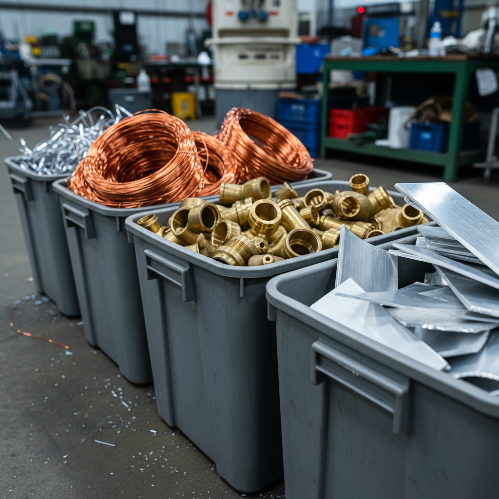 Close-up of sorted copper wire, brass fittings, and aluminum pieces ready for scrap metal junk removal in Etobicoke
