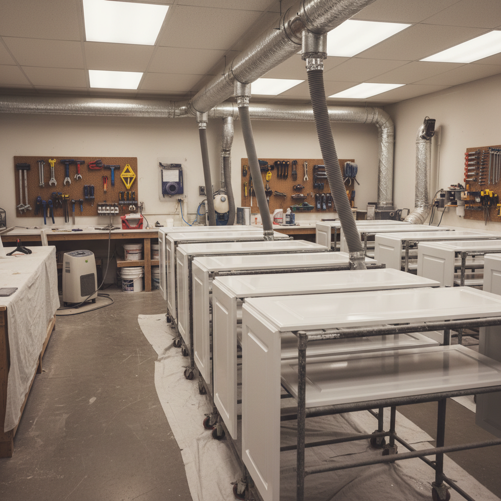 Workshop scene with multiple cabinet doors curing on drying racks for professional cabinet painting results