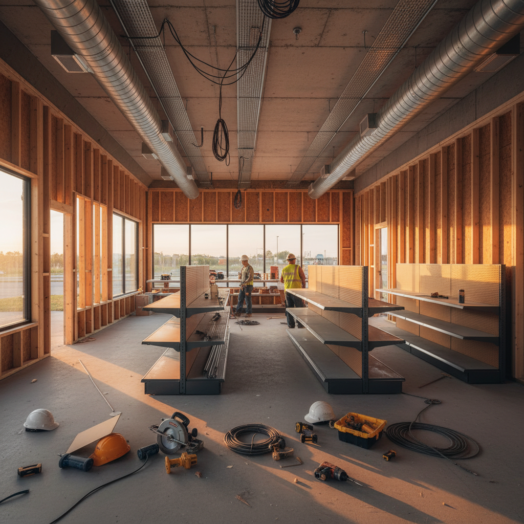 Convenience store construction interior during gas station building, with framed walls, ducts, and electrical conduits ready for finishes