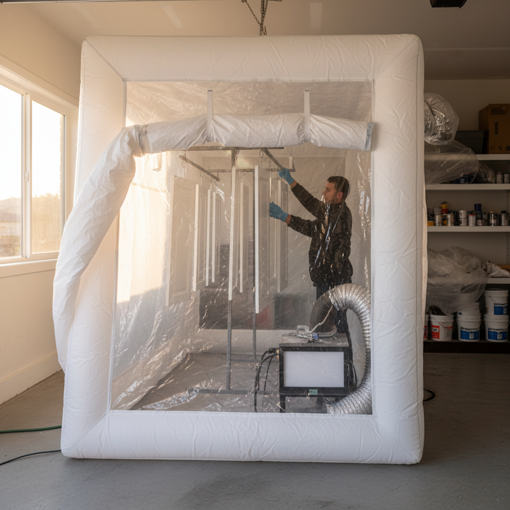Mobile spray booth for professional kitchen cabinet painting with doors drying in an organized setup