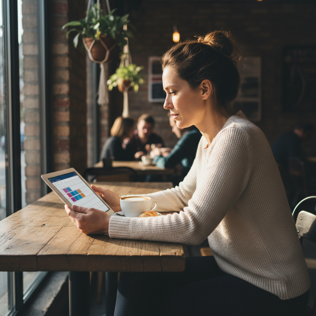 Business owner reviewing an automated content calendar on a tablet representing hands-free SEO content services