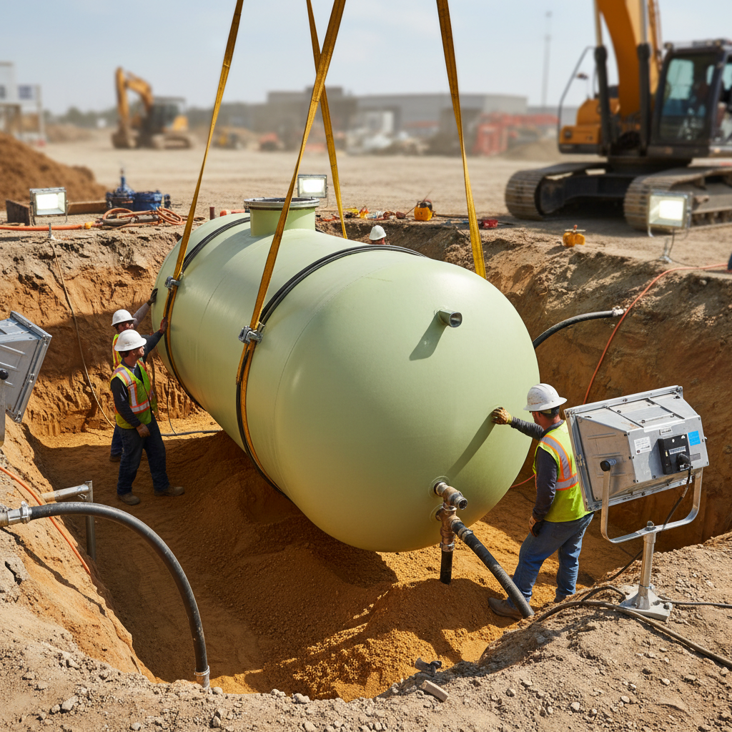 Detail view of underground storage tank (UST) installation for gas station building in Texas, showing fiberglass tank placement, piping, and sand bedding