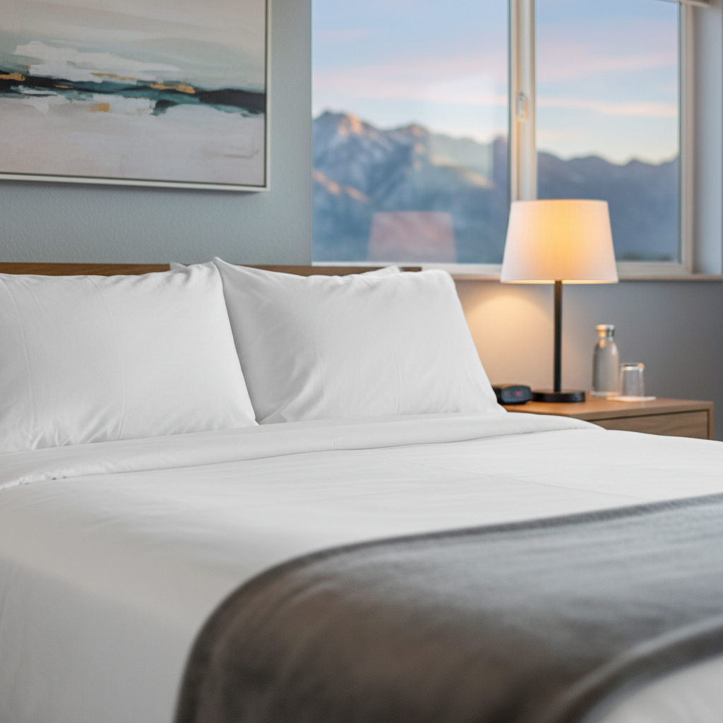 Renovated Briarcliff Motel guest room close-up with crisp linens and mountain-view window, ideal affordable hotel stay in North Conway