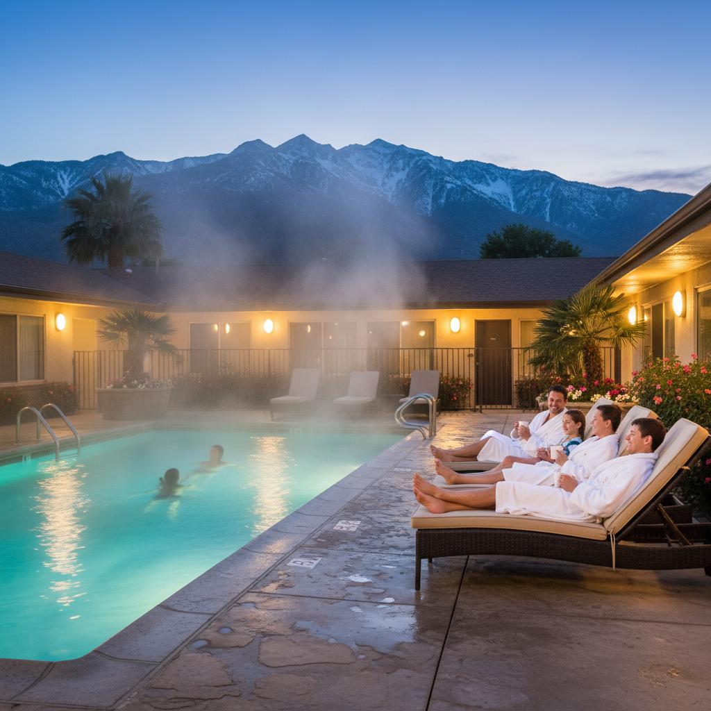 Outdoor heated pool scene at an affordable North Conway motel with mountain backdrop, ideal for families after outlet shopping or skiing