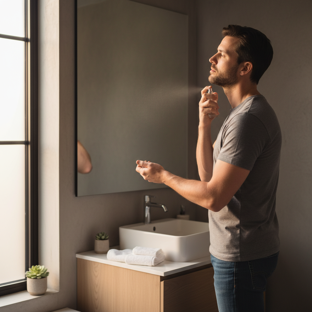 Lifestyle scene of a man applying a men’s fragrance to pulse points for optimal longevity