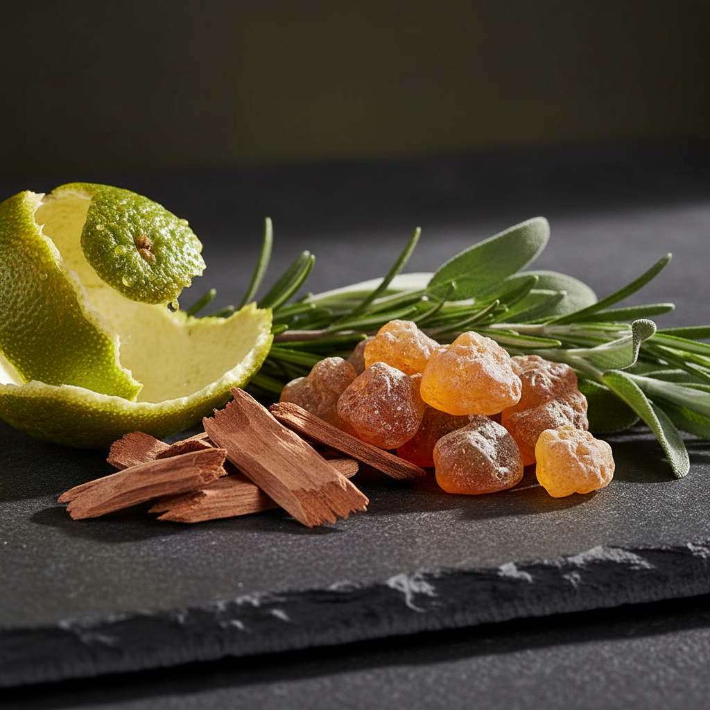 Close-up of men’s fragrance ingredients like bergamot, cedarwood, and amber for long-lasting men’s fragrances