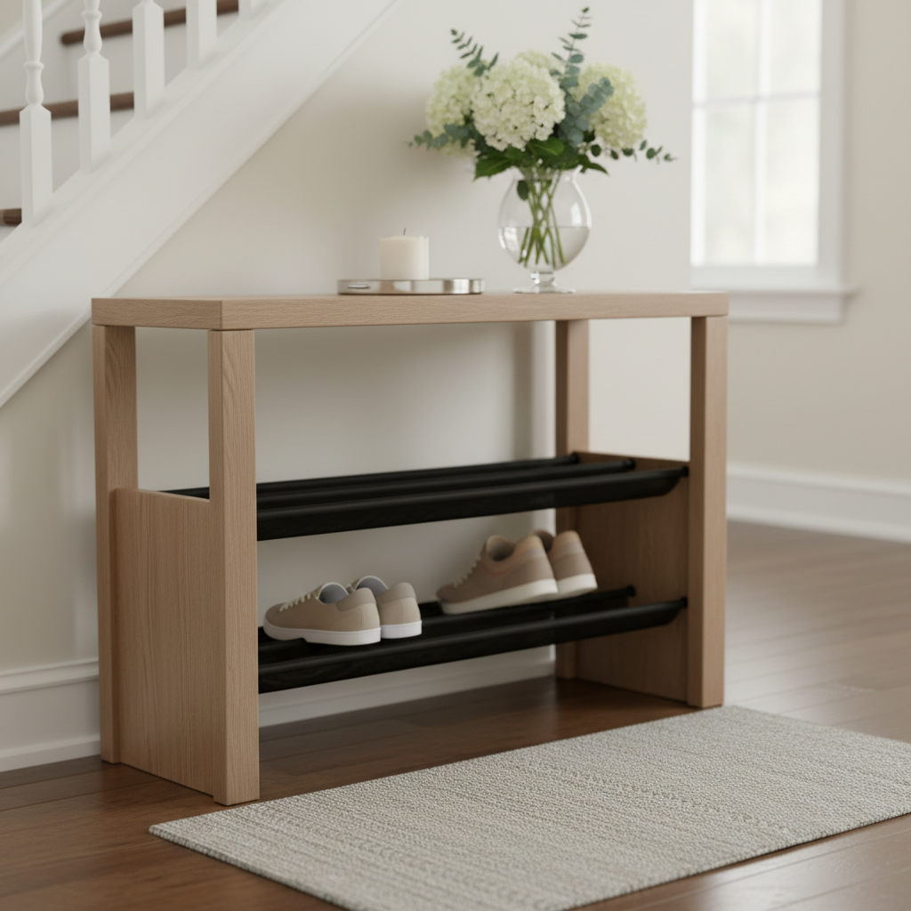 Close-up of a spotless entry staged for a home showing in Mississauga: tidy shoe rack, fresh flowers, clean doormat for strong first impression