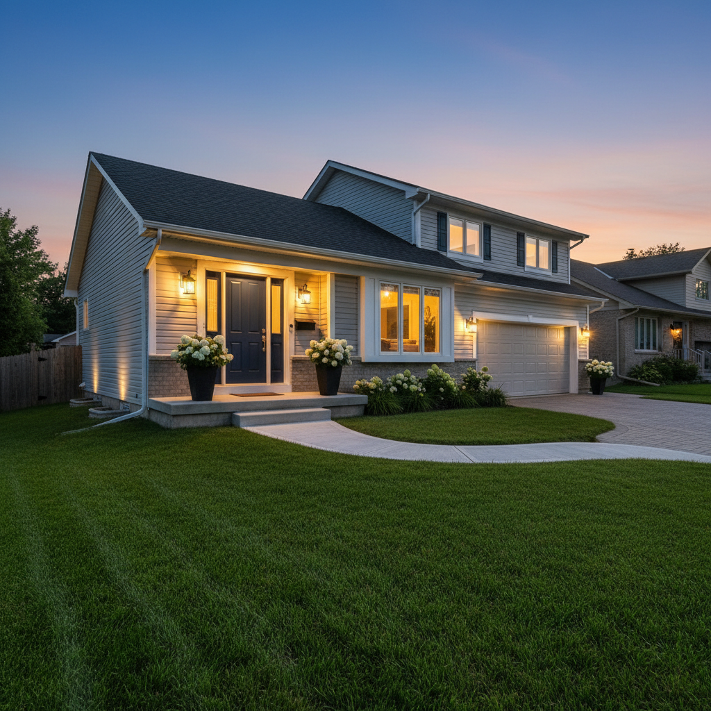 Dusk exterior of a Mississauga house staged for a showing: trimmed lawn, planters, clean walkway, and warm porch lighting for curb appeal