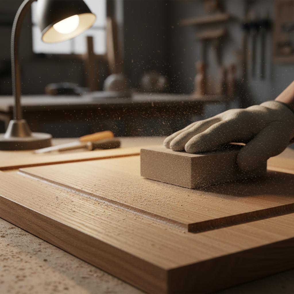 Close-up sanding along the grain to restain honey oak cabinet door, preparing oak pores for even stain uptake