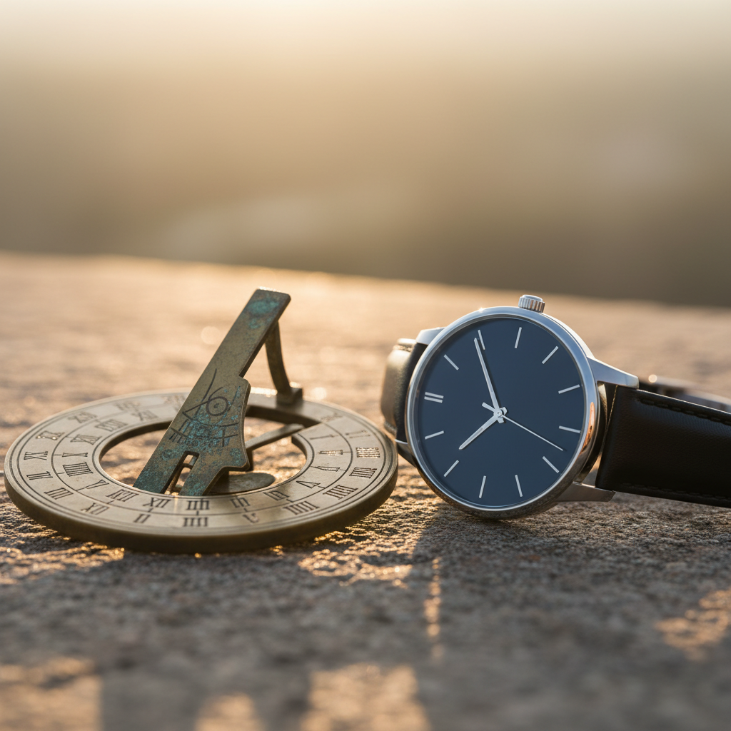 Close-up of timekeeping tools symbolizing muhurat timing: vintage sundial and modern wristwatch in sunrise light