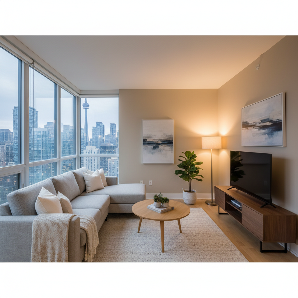 Staged Toronto condo living room ready for rental showing with city views