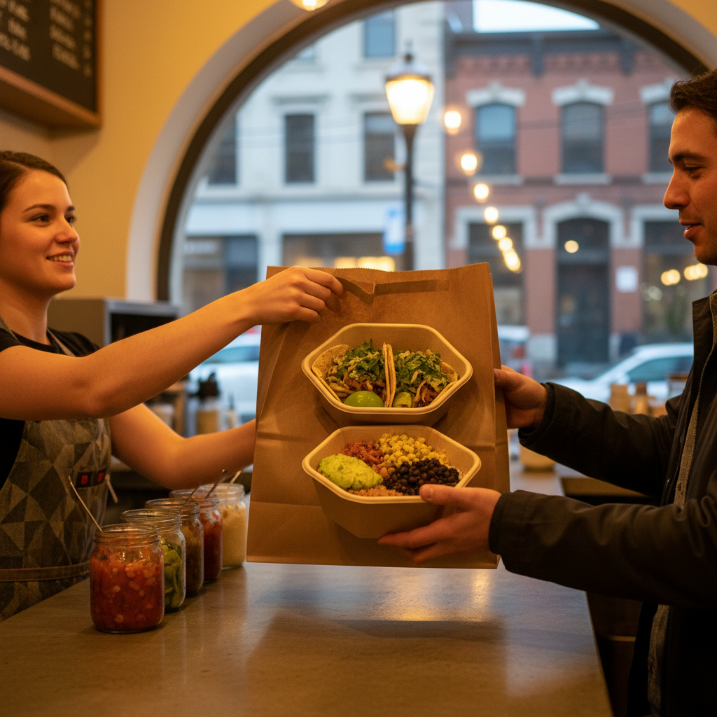 Mexican grill takeout bag with tacos and bowls being handed to a guest in Old Toronto, ideal for lunch or dinner on the go