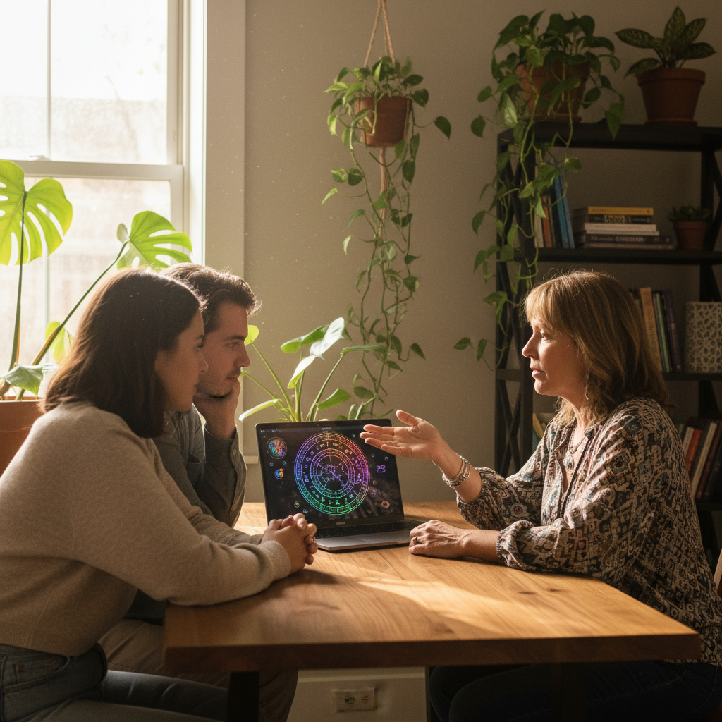 Astrologer consulting a couple in a serene office while reviewing a zodiac wheel for personalized muhurat selection