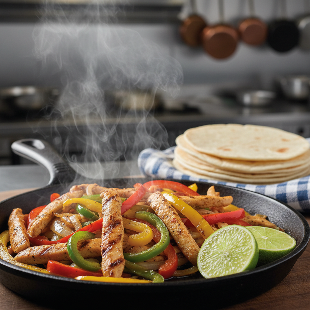 Close-up of sizzling chicken fajitas with peppers and onions, an ideal Mexican grill dinner option for dine-in