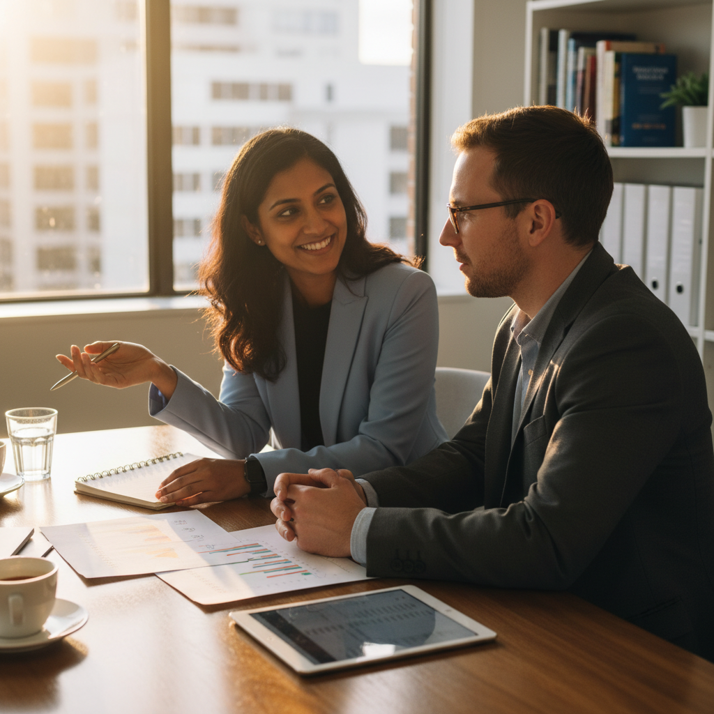 Sydney small business owner meeting a Parramatta accountant to review cash flow and KPIs