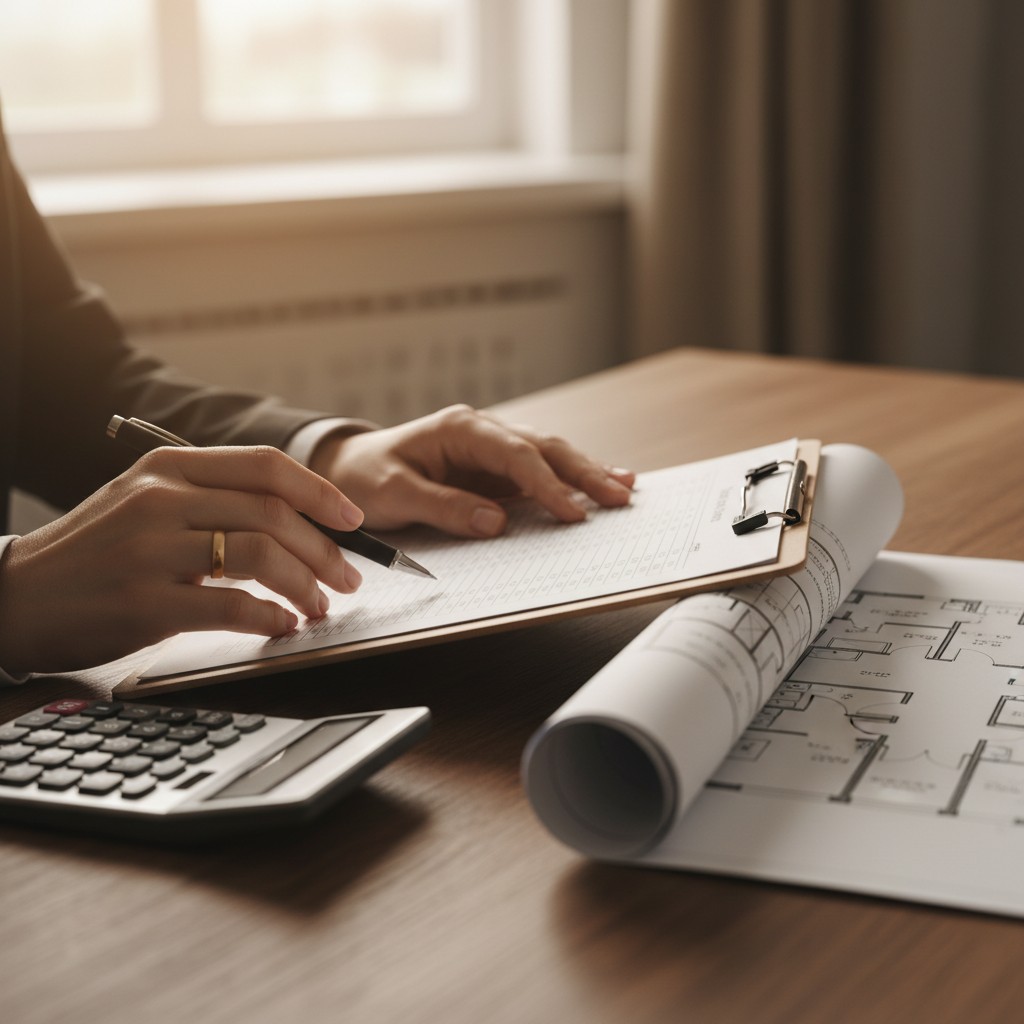 Investor reviewing Toronto investment property pro forma with calculator and floor plan