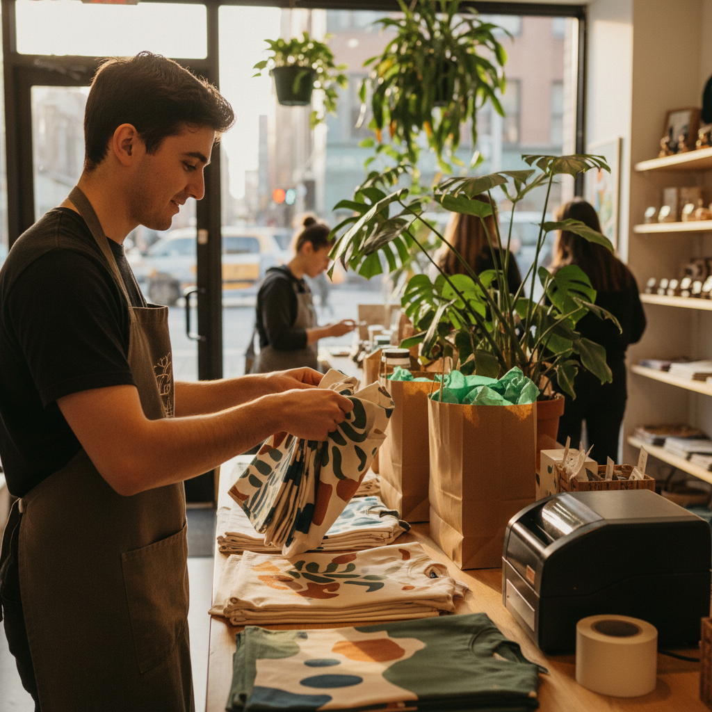 Staff packing freshly screen-printed tote bags and shirts for small business branding at a local Mississauga shop