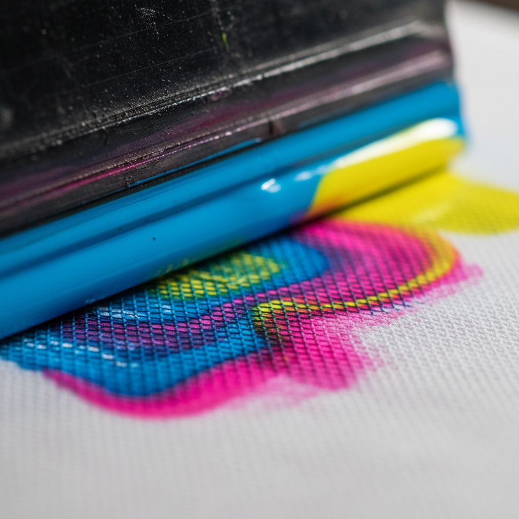Close-up of screen printing squeegee applying vibrant ink to a cotton t-shirt for small business branding