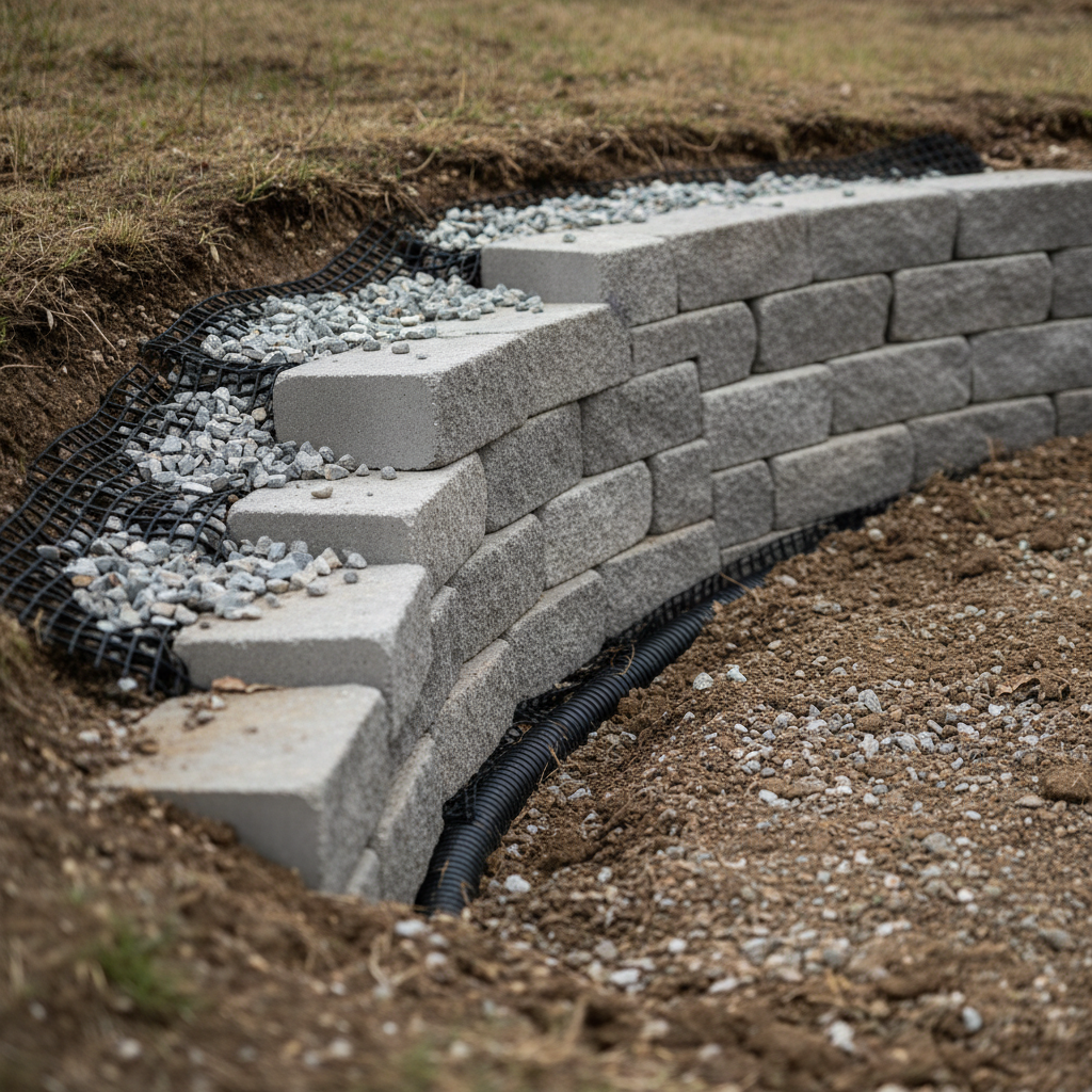 Close-up of segmental retaining wall drainage with stone backfill, geogrid, and perforated pipe for sloped-yard retaining wall best practices