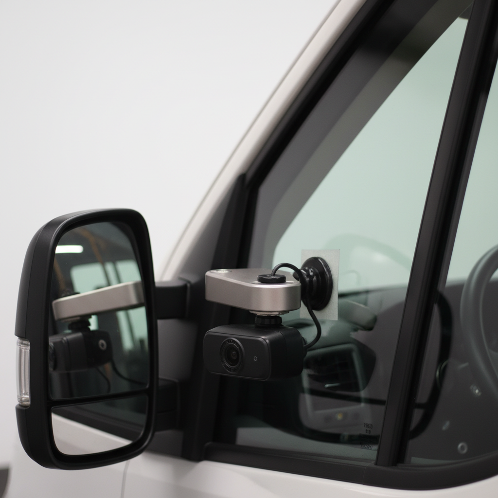 Close-up of a commercial van side mirror and dashcam used for underwriting a commercial auto business insurance quote in Ontario