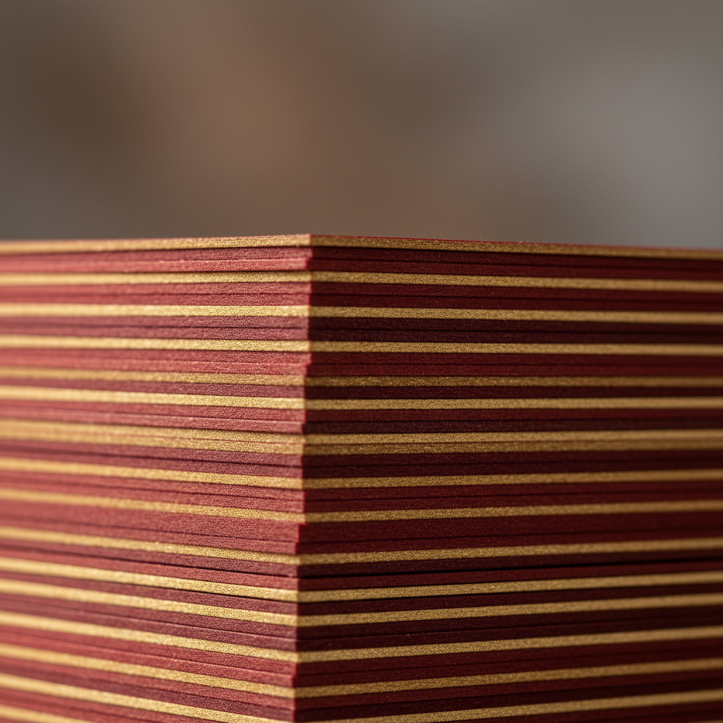 Macro detail of thick painted edge business cards with red and gold edges and soft touch finish for realtors in Mississauga