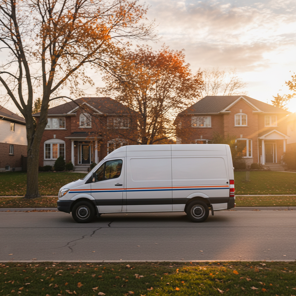 Delivery van operating on an Ontario suburban route during golden hour, illustrating real-world use for a commercial auto insurance quote