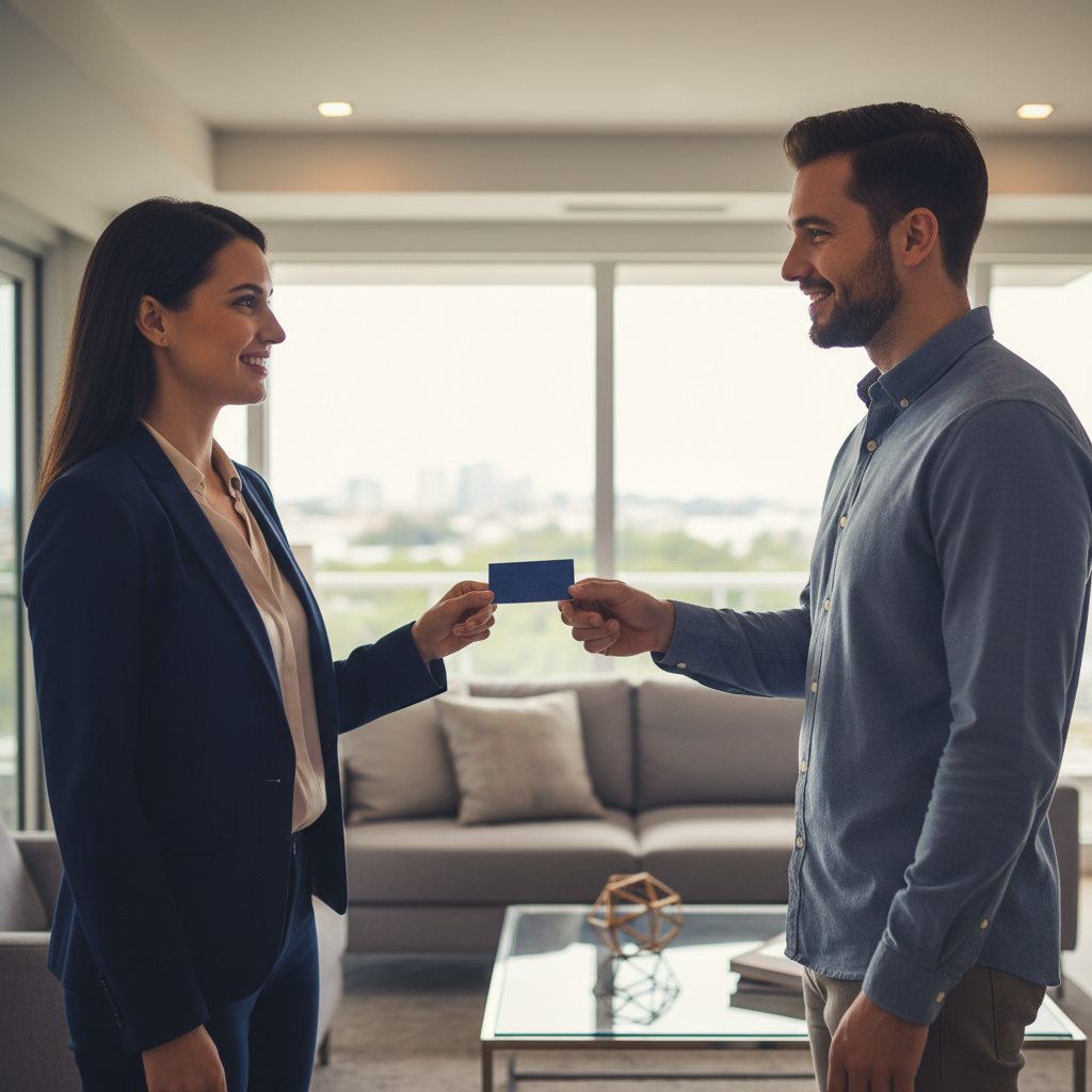 Real estate agent handing a premium painted edge business card to a homebuyer during a showing in Mississauga