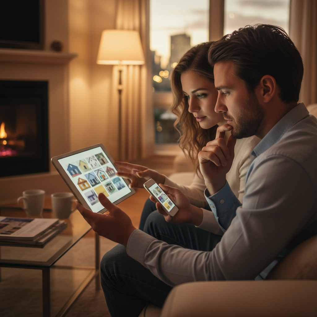 Couple comparing saved homes on phones and a tablet and coordinating a property viewing through a mobile real estate app