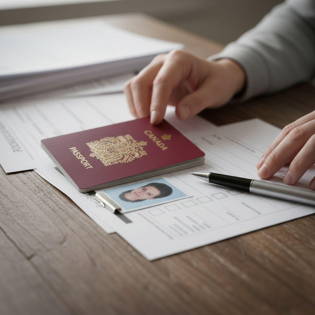 Close-up of Canada PR application documents, passport, biometrics photo, and checklist organized for the Canada PR application process