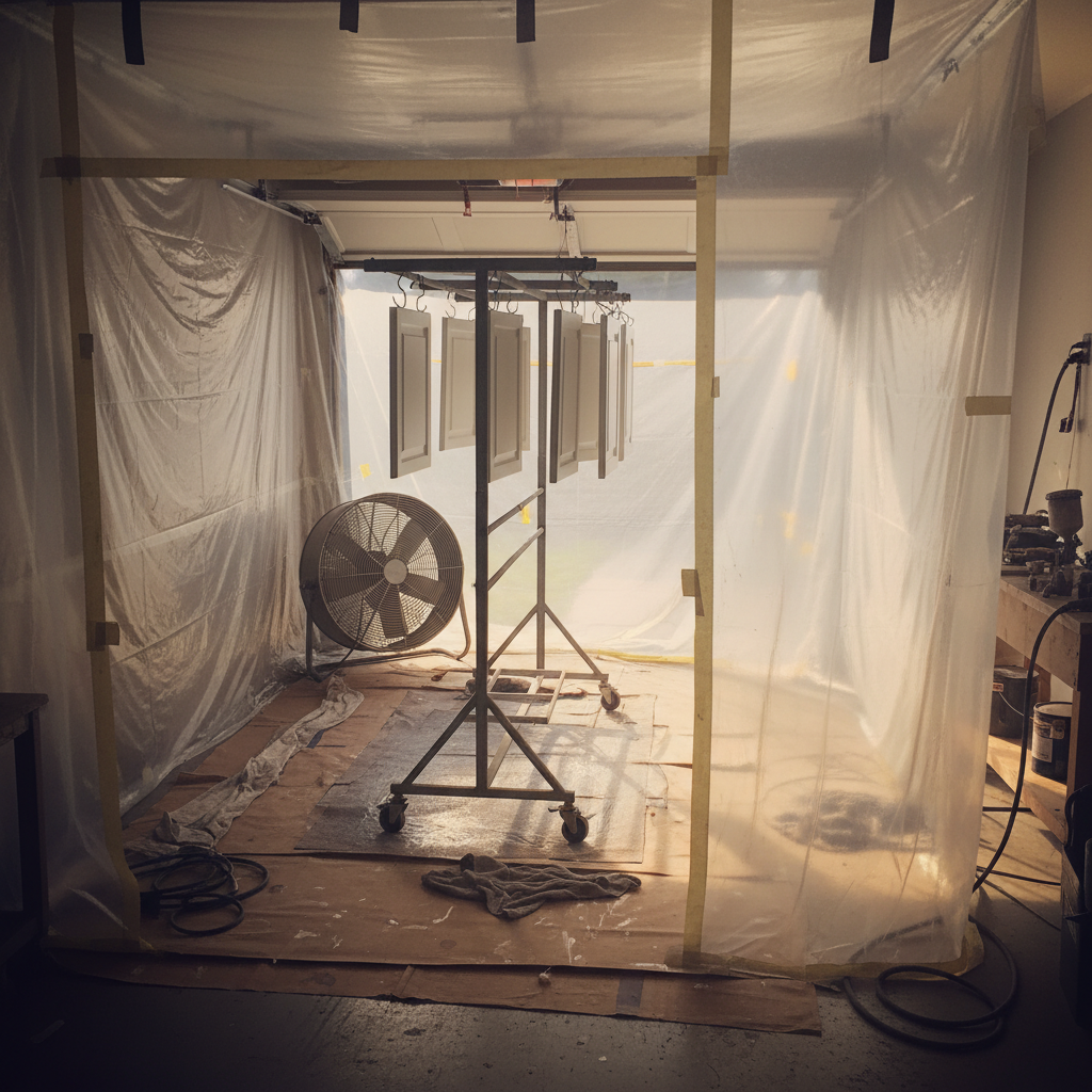Home spray area with plastic sheeting and cabinet doors hanging to dry in a well-ventilated garage in Toronto