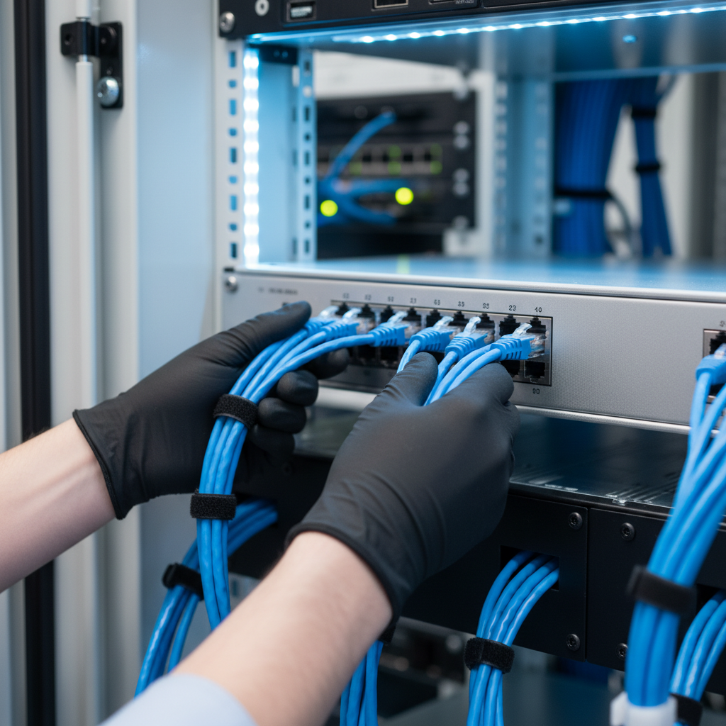 Close-up of Cat6 patching in a tidy network cabinet during onsite IT support in London