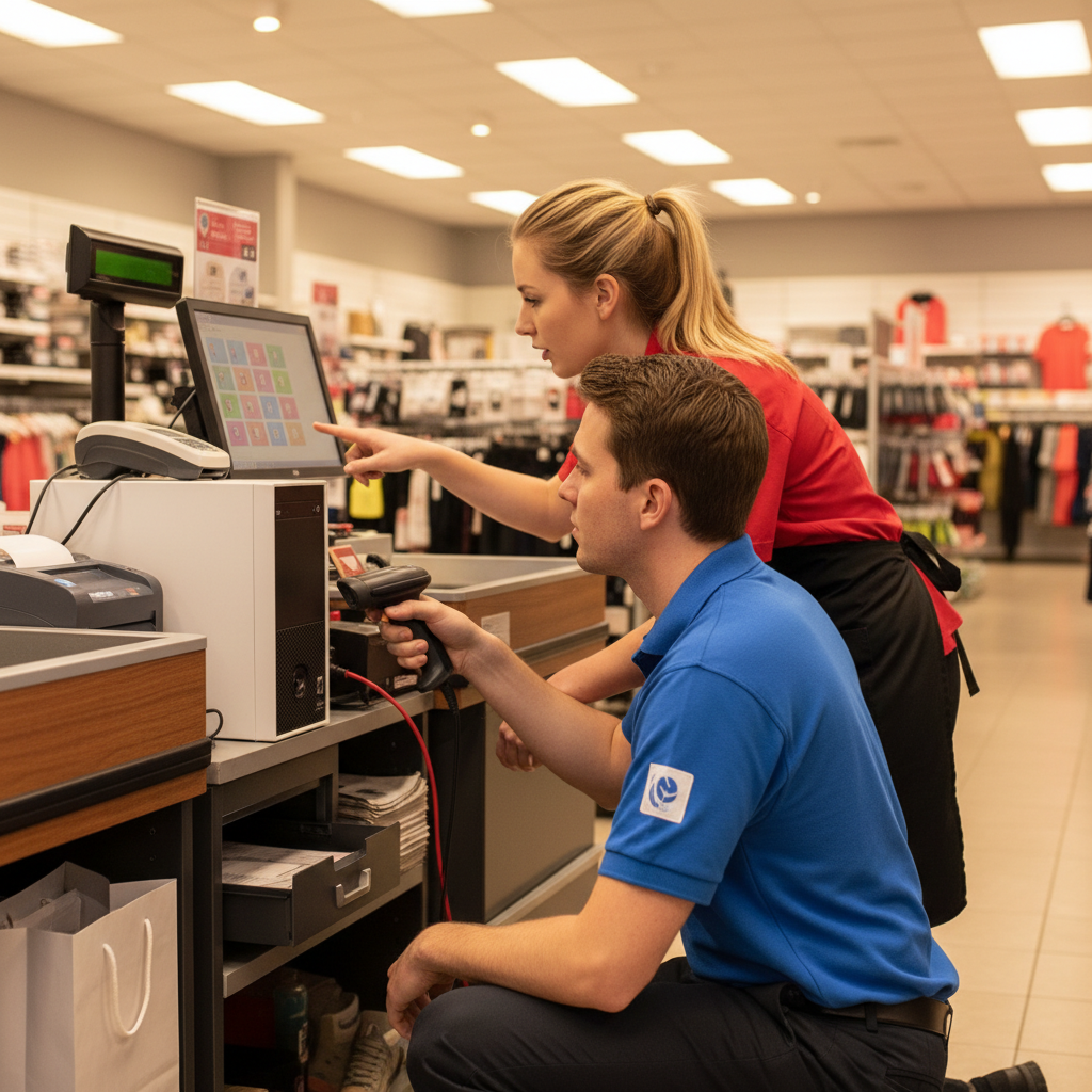 Engineer assisting retail staff at a POS during onsite IT support in London