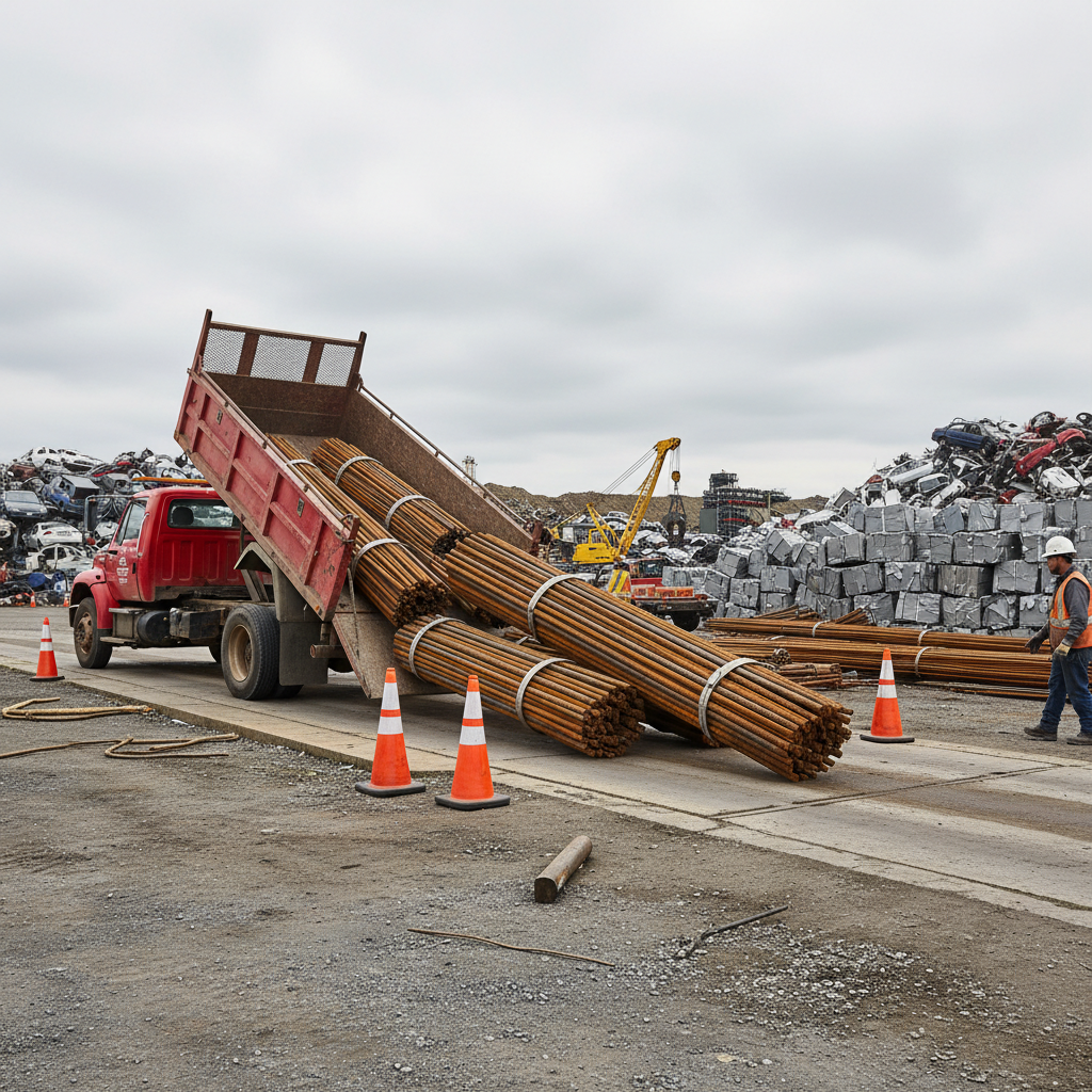 Pickup unloading bundled steel at an Etobicoke scrap yard drop-off area with visible floor scale and cones