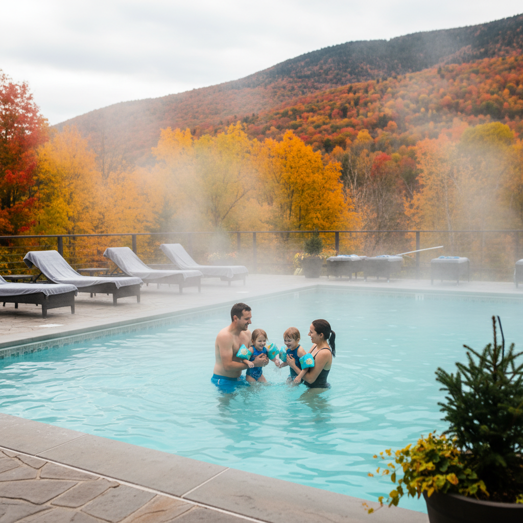 Family enjoying an outdoor heated pool at a mountain motel in North Conway, a value amenity at affordable hotels