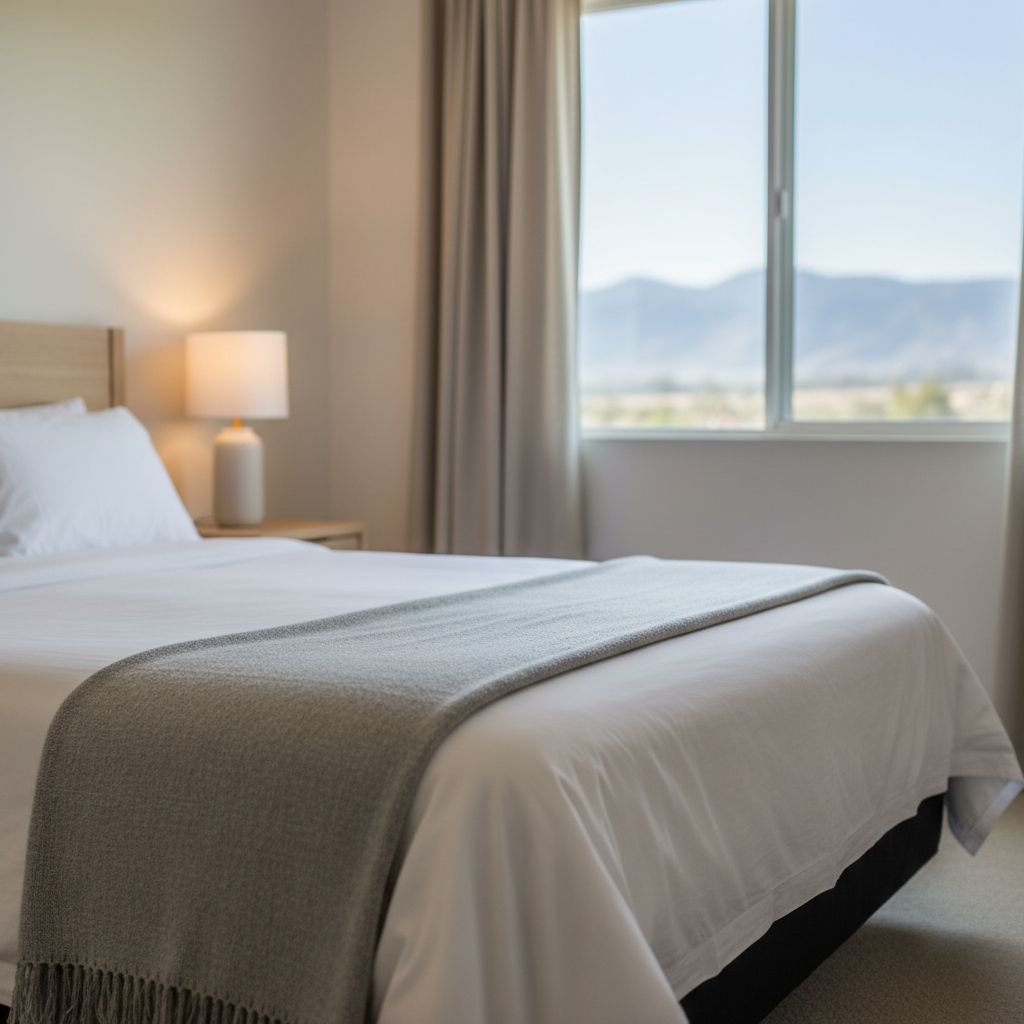 Renovated motel room interior with crisp linens, mountain view window, an example of affordable hotels comfort in North Conway