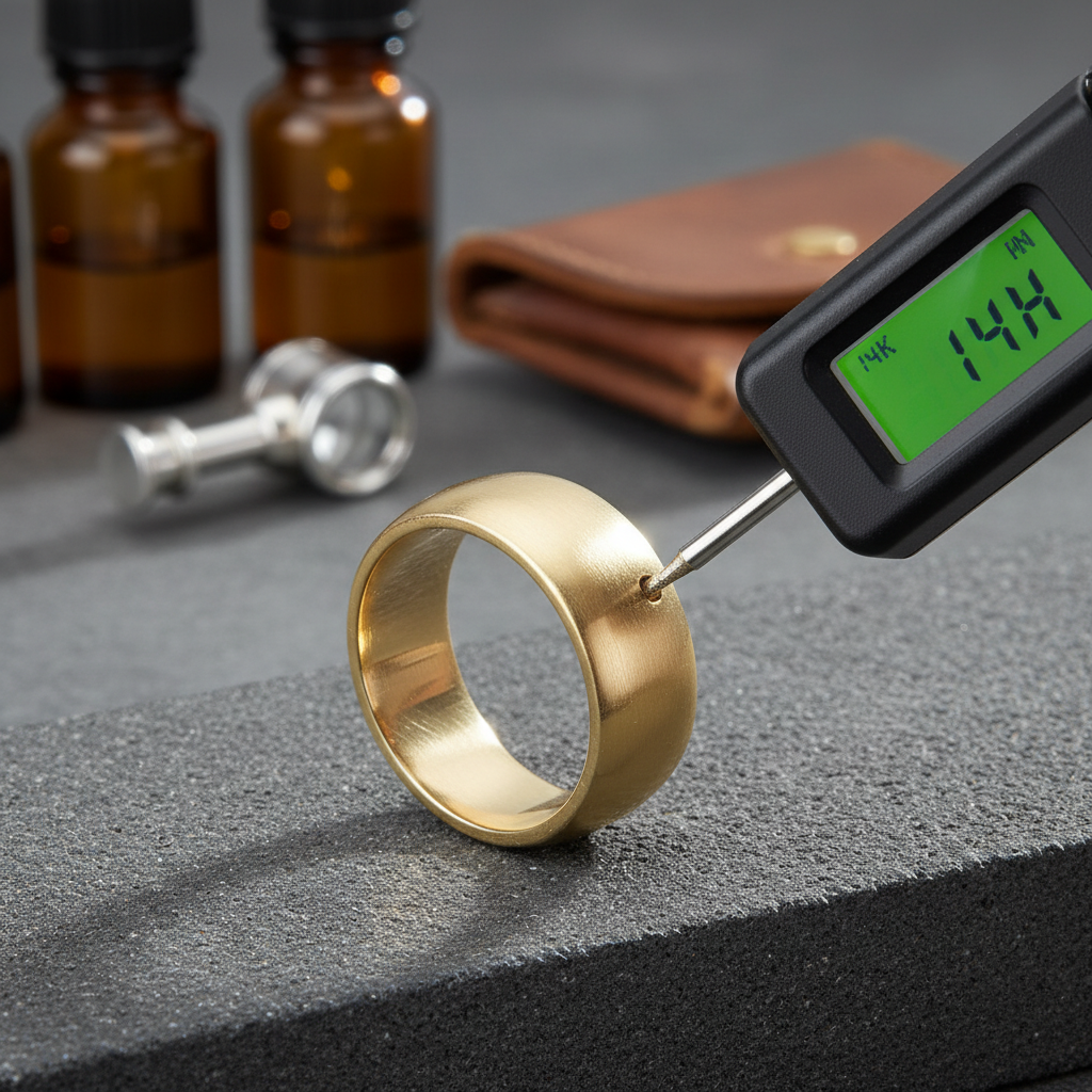 Close-up testing of a 14K gold ring with an electronic tester in a New York gold buyer’s office