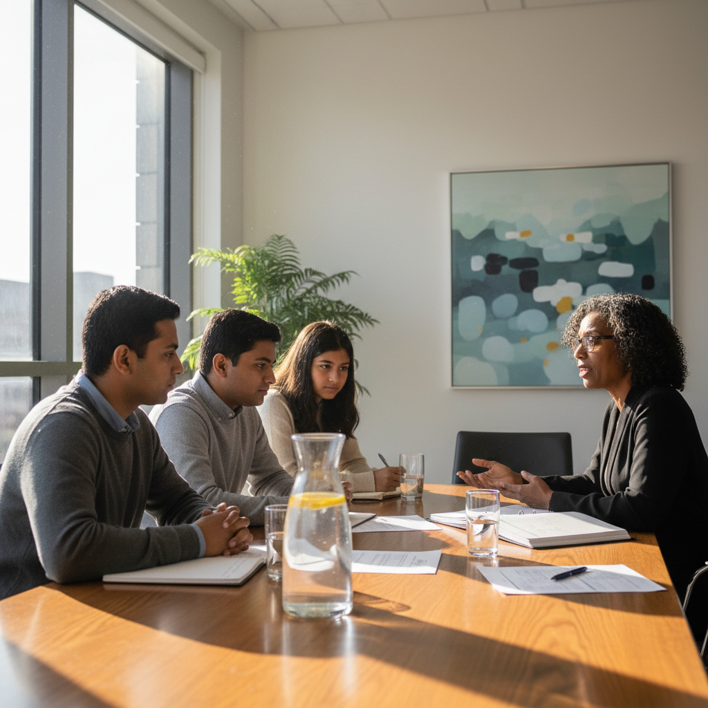 Family speaking with an Etobicoke lawyer during an independent legal advice meeting