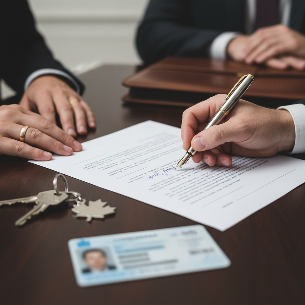 Close-up of hands signing after independent legal advice with ID and house keys visible