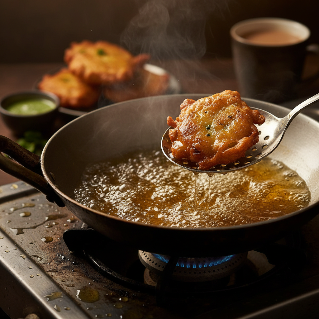 Aloo pakora lifted from hot oil with a slotted spoon, showing crisp golden crust and active bubbles in a kadhai