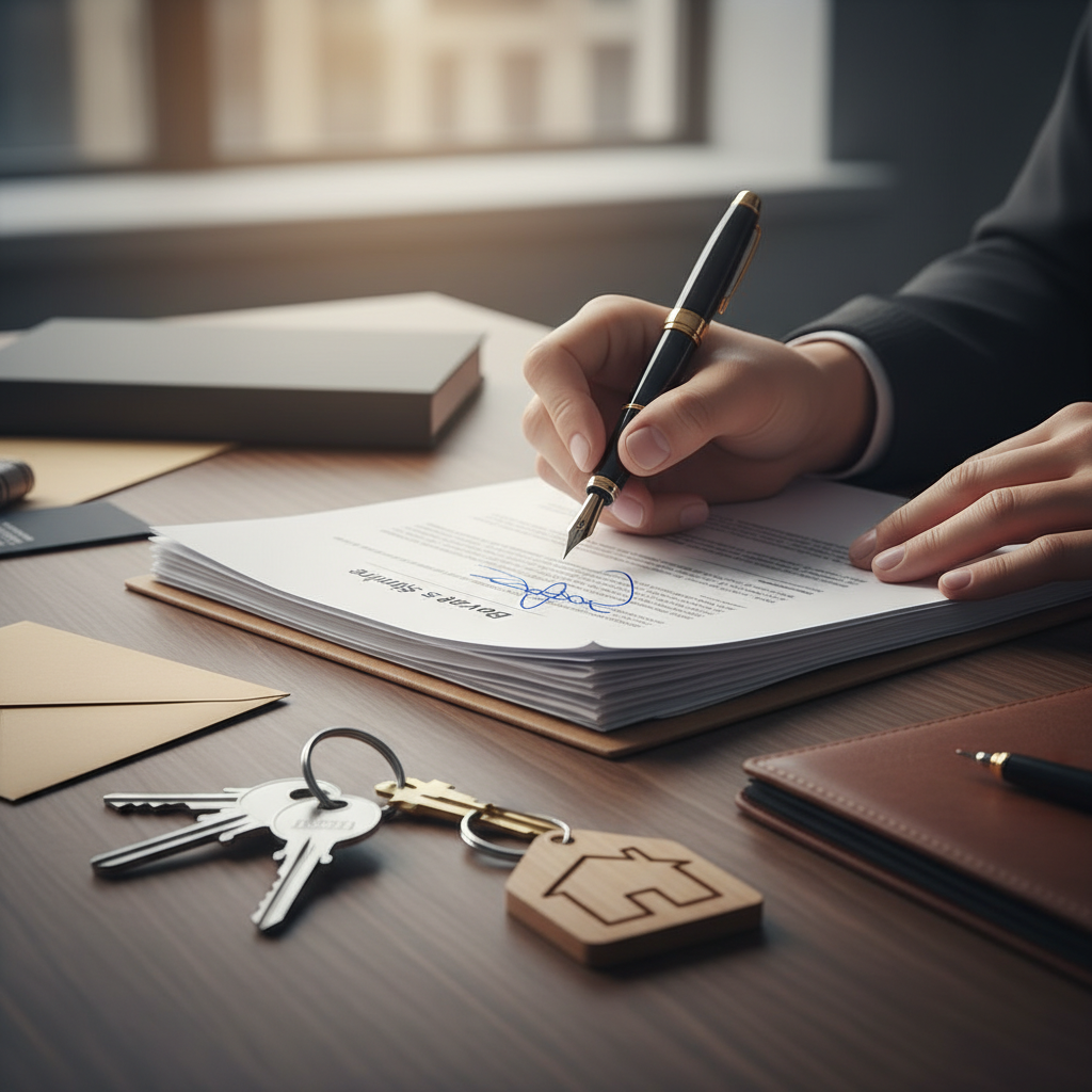 Close-up of signing real estate closing documents in a Toronto law office, with keys on desk and attorney guiding the process