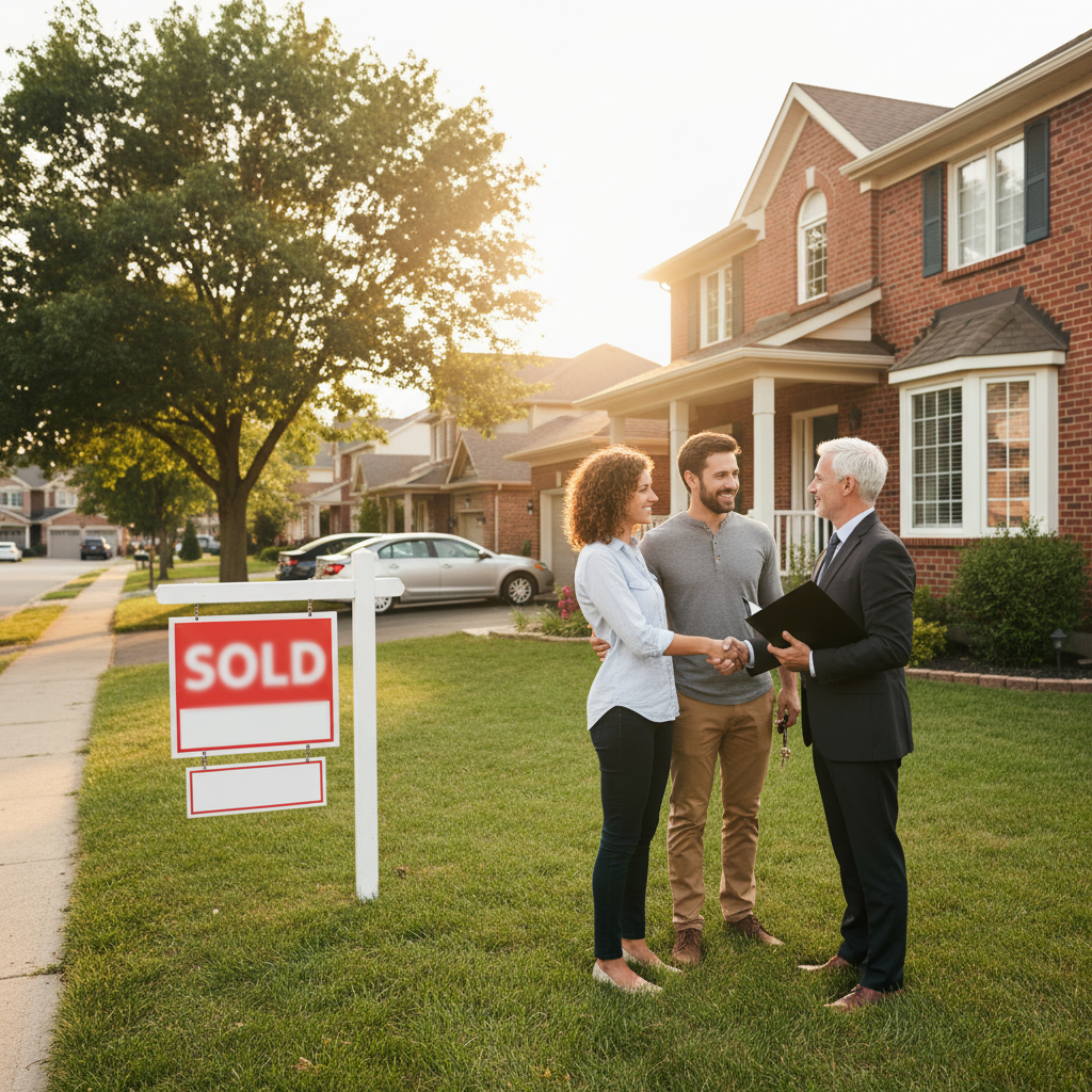 New homeowners shaking hands with a lawyer outside a Toronto home after a successful real estate closing