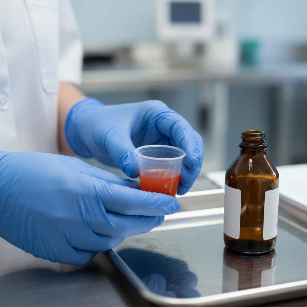 Nurse preparing a supervised methadone dose in clinic for medication-assisted treatment