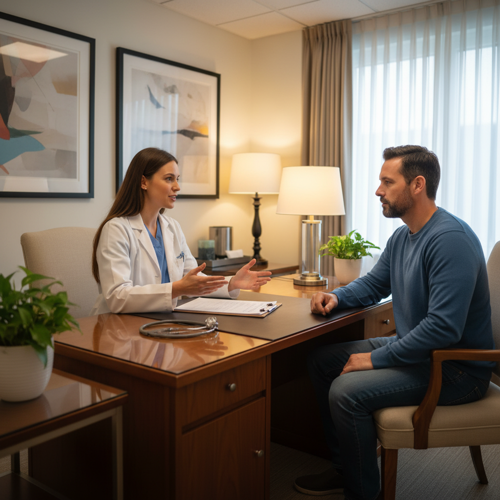 Private consultation room scene where a clinician and patient review methadone vs Suboxone vs Sublocade options