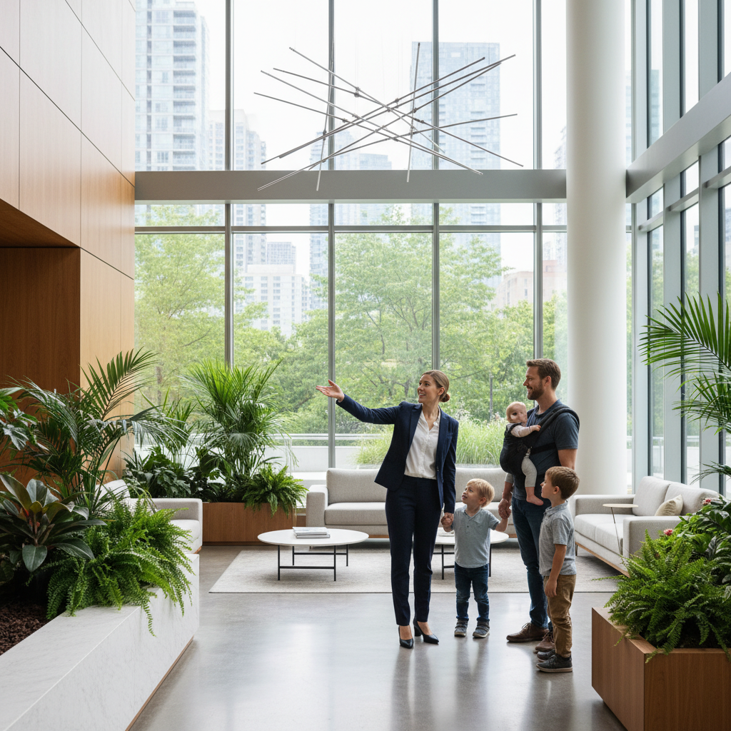 Realtor touring a bright GTA condo lobby with a young family – scene from the Toronto home buying journey